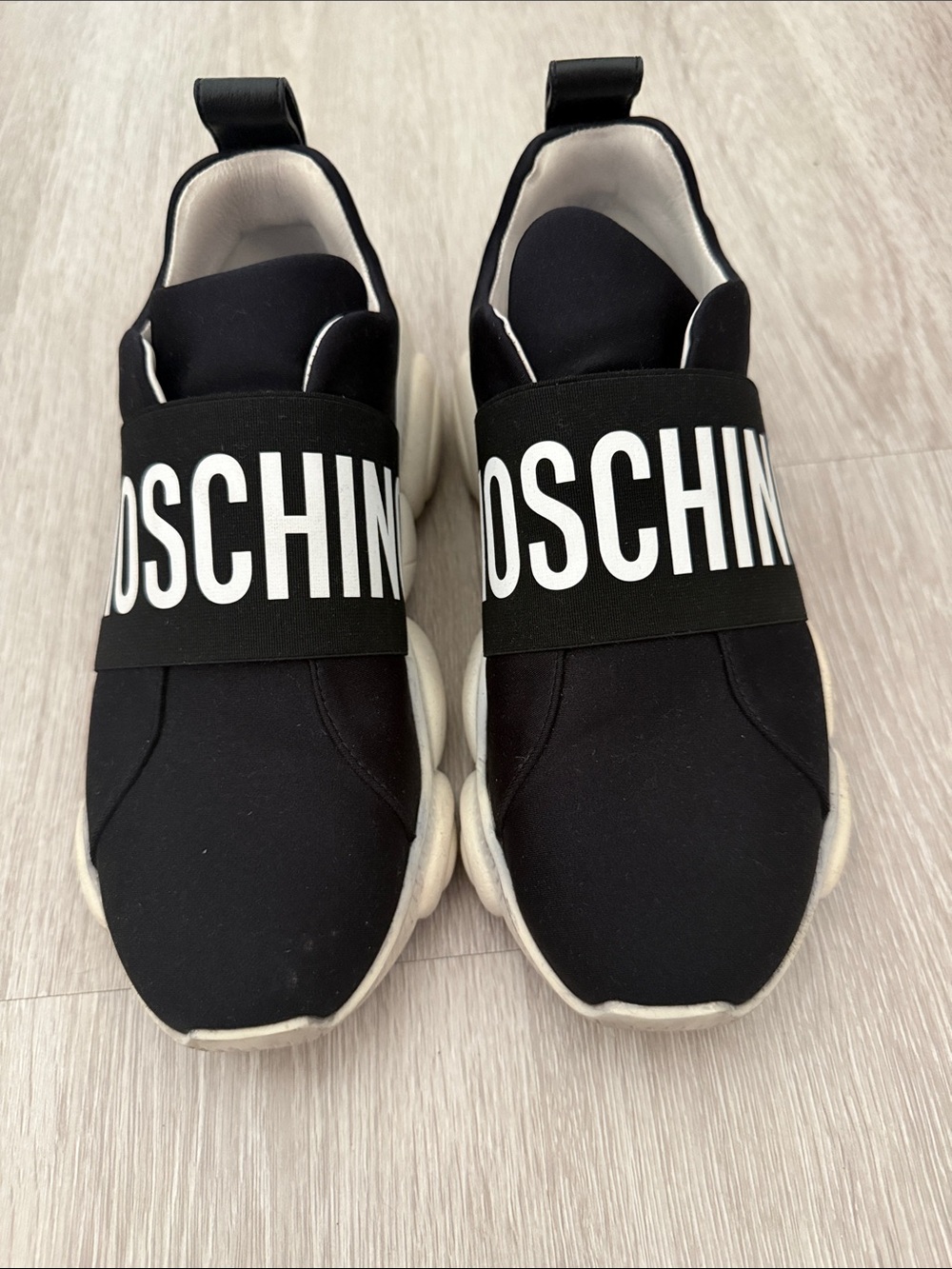 Moschino Black and White Logo Strap Slip-On Sneakers
